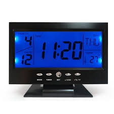 LCD Alarm Clock with Voice Control, Back-Light, Temperature, many functions logo
